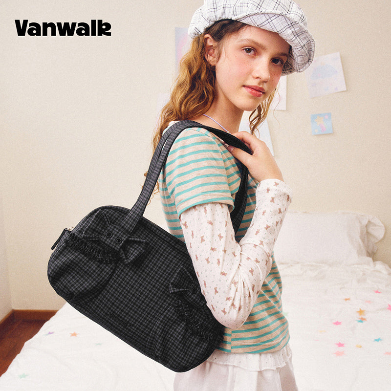 VANWALK Cocoa Pie Series Double Bow Design Underarm Bowler Soft Canvas Bags Shoulder Bag V3110