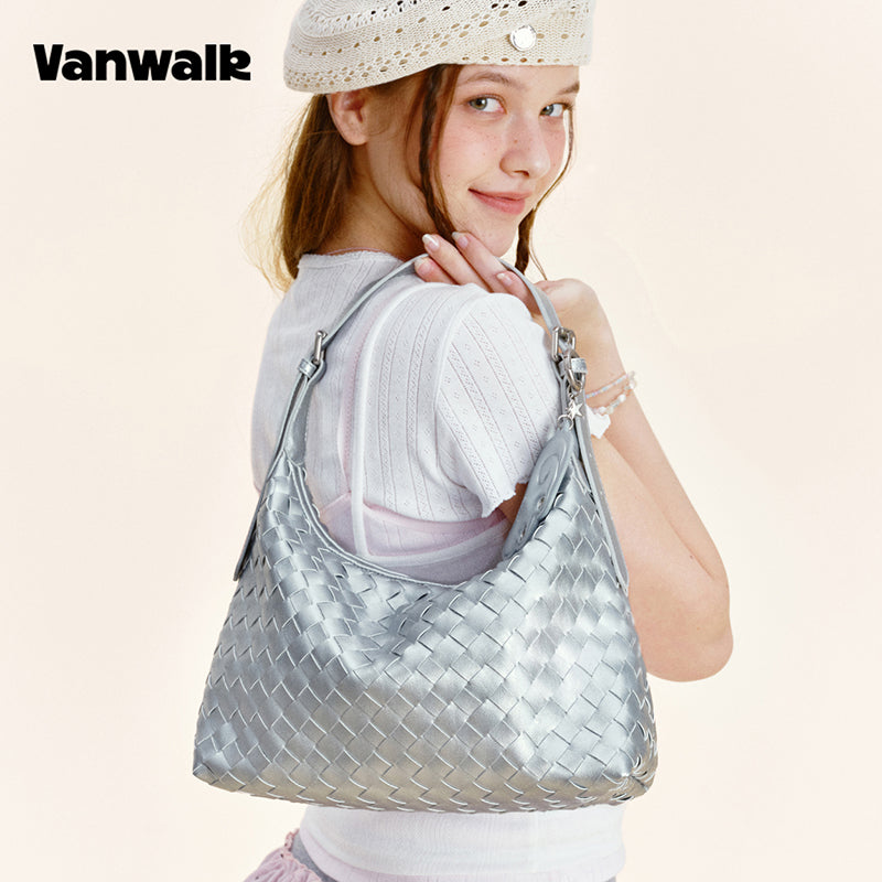 Vanwalk Woven-Texture Embossed Leather Hobo Shoulder Bag V3082