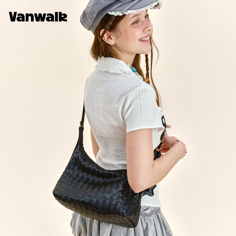 Vanwalk Woven-Texture Embossed Leather Hobo Shoulder Bag V3082