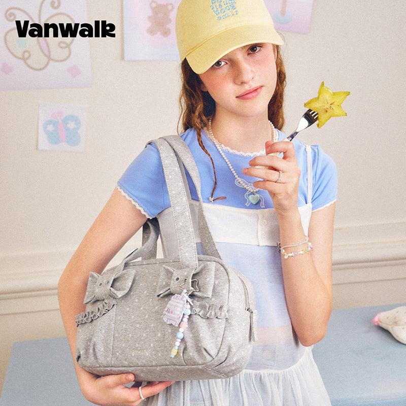 VANWALK Cocoa Pie Series Double Bow Design Underarm Bowler Soft Canvas Bags Shoulder Bag V3110