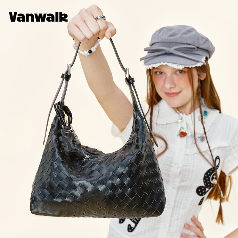 Vanwalk Woven-Texture Embossed Leather Hobo Shoulder Bag V3082