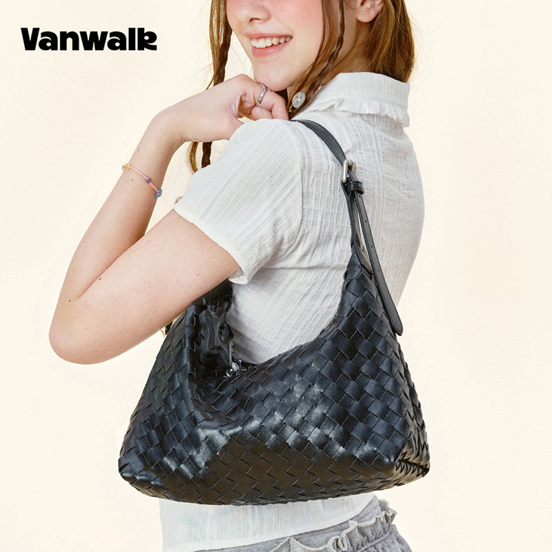 Vanwalk Woven-Texture Embossed Leather Hobo Shoulder Bag V3082